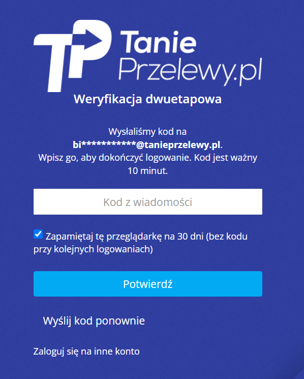 Ekran AON do wpisania jednorazowego kodu logowania z opcją zapamiętania przeglądarki na 30 dni.